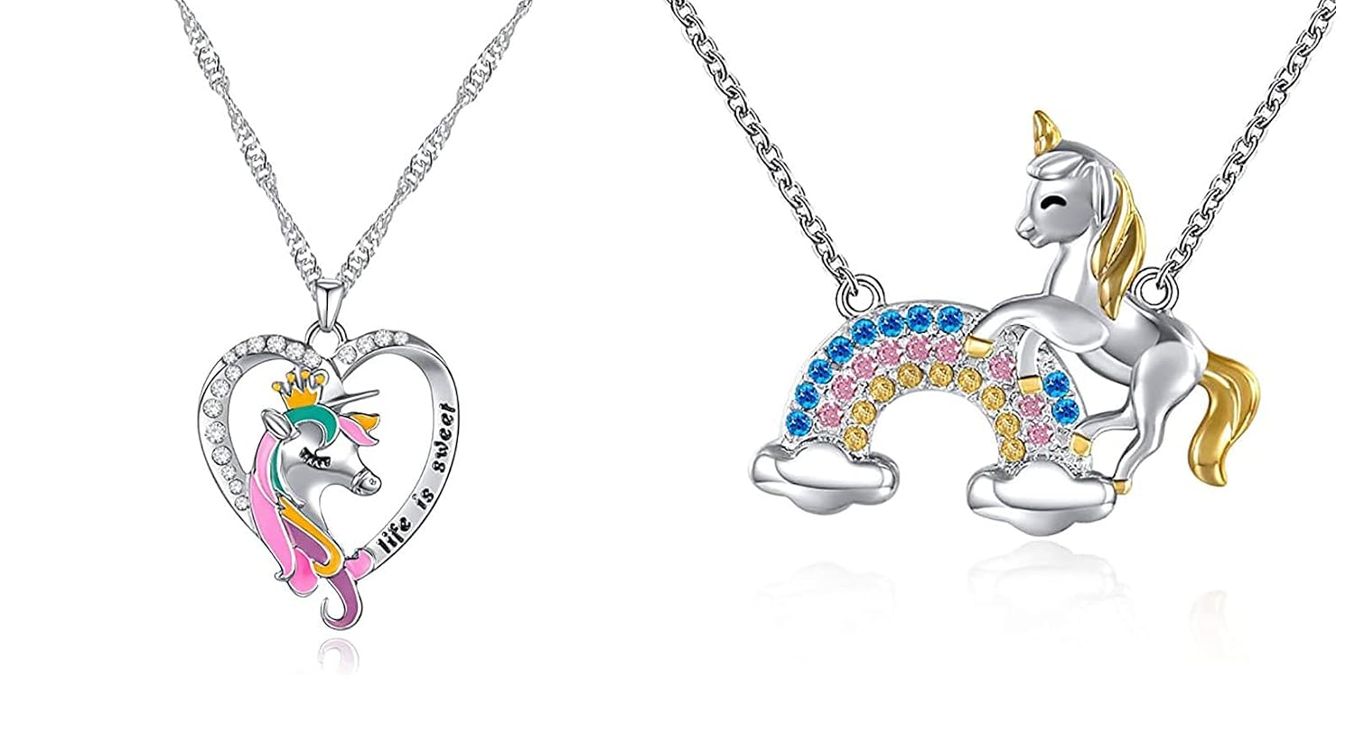 El Regalo 2 PCs Kids Cute Unicorn Pendant Necklaces Combo | Multicolored Unicorn/Rainbow Unicorn Pony Pendant Necklaces (Combo of 2)