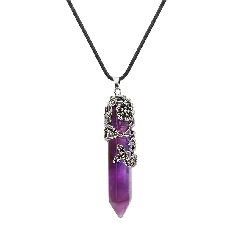 El Regalo 1PC Flower Wrapped Hexagonal Healing Natural Stones Point Pendant Unisex Necklace- Natural Stones Reiki Healing Crystals Necklace in Antique Silver Finish (Purple- Amethyst-Cord)