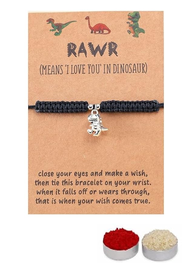El Regalo Cute Rakhi for Brother- Fancy Tyrannosaurus Dinosaur Bracelet Rakhi for Bhai with Roli Chawal, Rakhi Message Card in Rakhi Gift Box (Black)