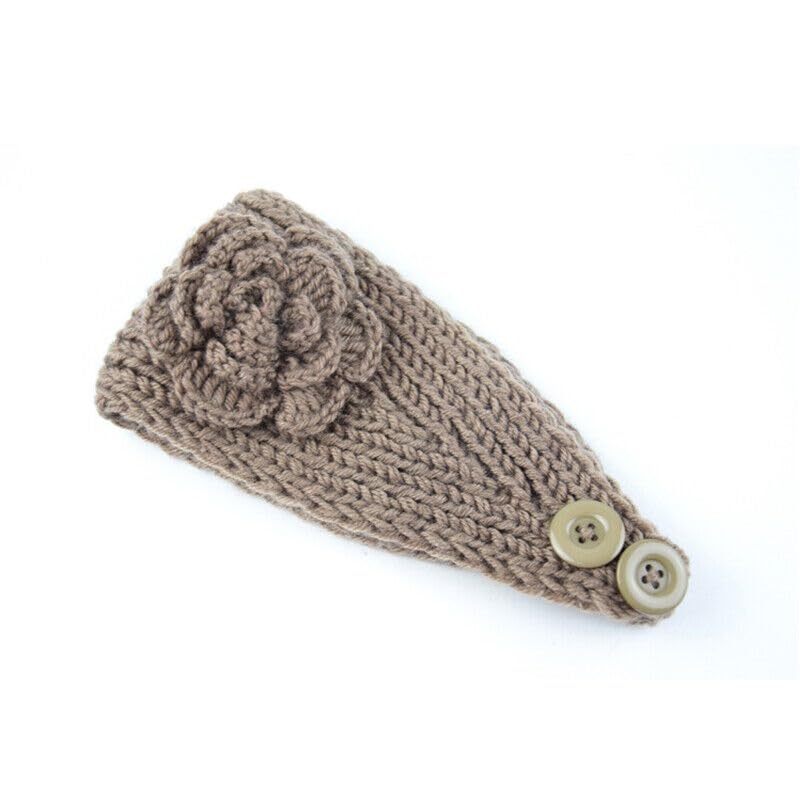El Regalo's 1PC Winter Crochet Knitted Headwrap Headband with 3D flower & Button for Girls & Women- Ear Warmer Hair Muffs Band | Winter Designer Headbands for Teens & Women (Khakhi)
