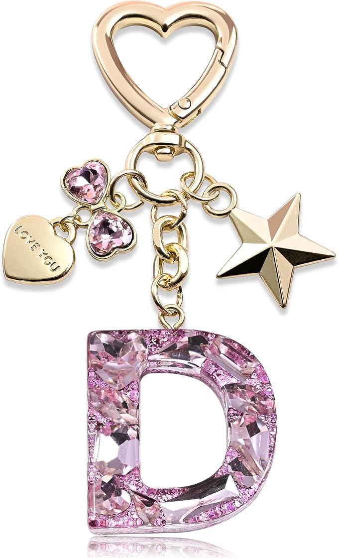 El Regalo Personalized Glitter Initial Letter Keychain for Girls & Women - Cute Pink Resin Alphabet Keyring with Heart & Star Charms - Fancy Luxury Bag Accessory & Birthday Gift (Letter D)