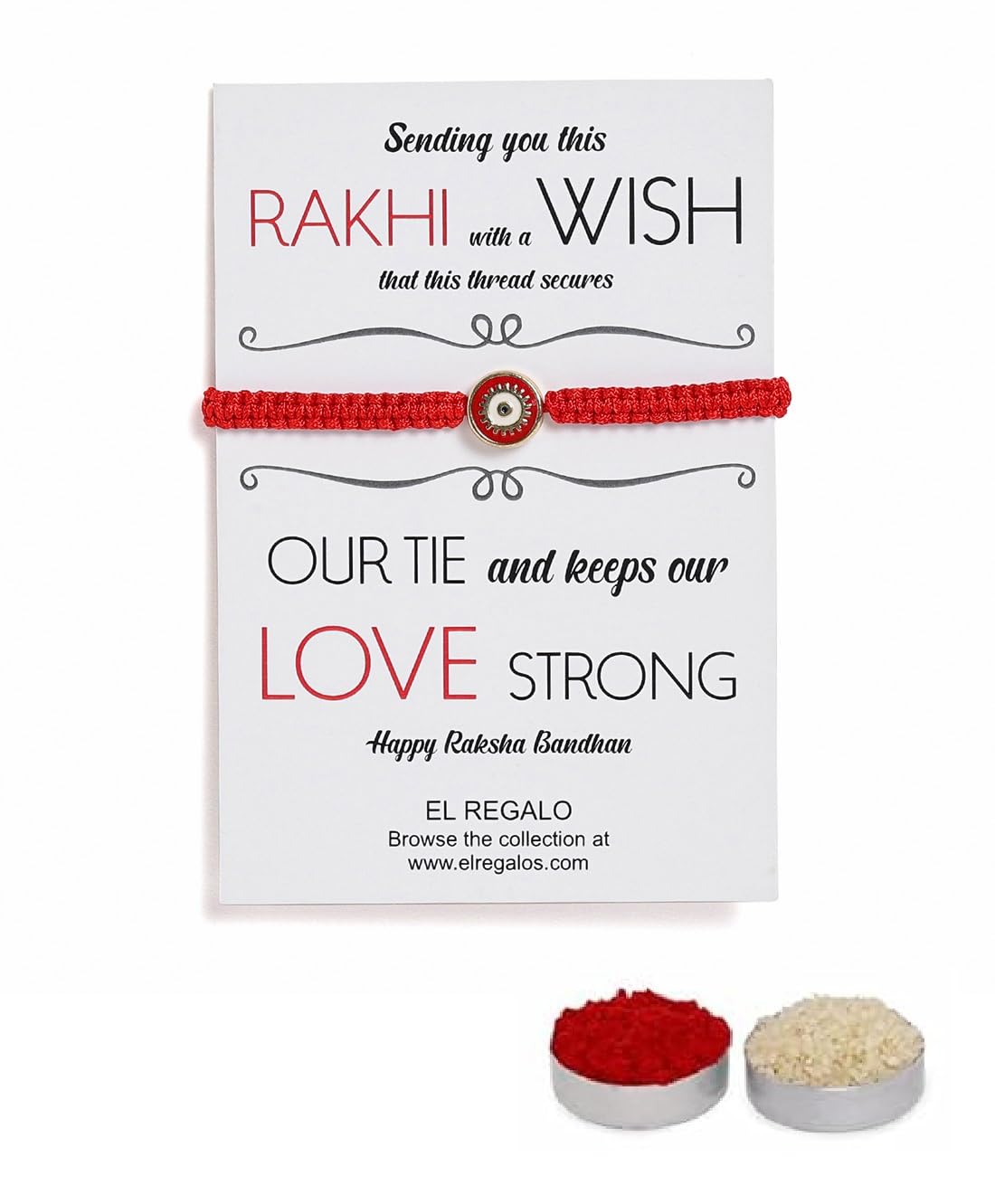El Regalo Fancy Red Evil Eye Rakhi for Brother/Bhai- Designer Evil Eye Rakhi for Brother with Roli Chawal, Rakhi Message Card in Rakhi Gift Box (Red Evil Eye)