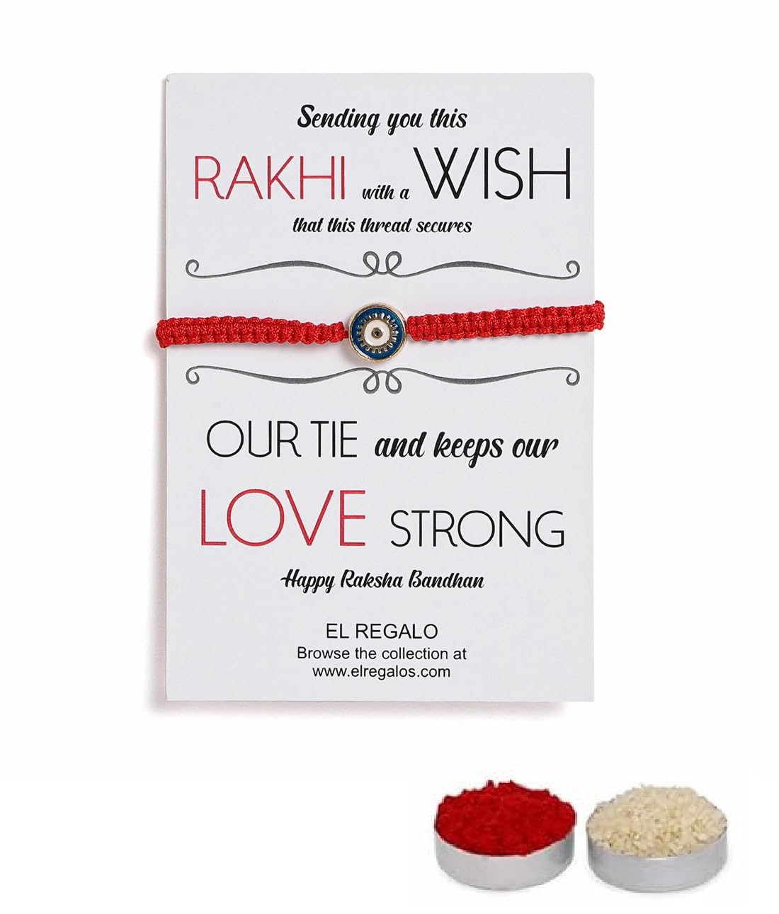 El Regalo Fancy Red Evil Eye Rakhi for Brother/Bhai- Designer Evil Eye Rakhi for Brother with Roli Chawal, Rakhi Message Card in Rakhi Gift Box (Blue Evil Eye)
