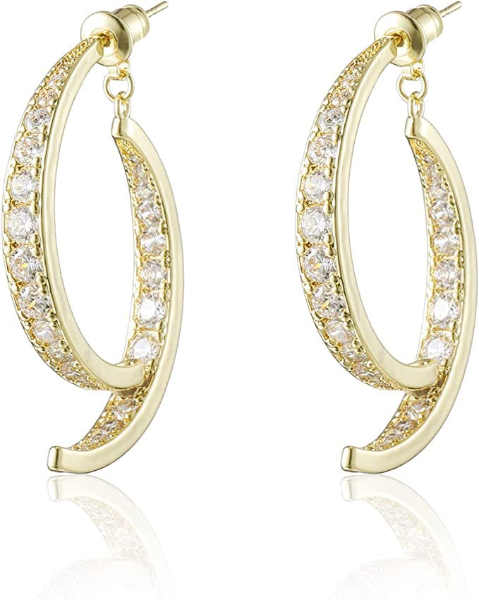 El Regalo Women's & Girl's Cross Curved Earrings, Curved Stick Front Back Linear Drop Hypoallergenic Earrings (Golden AD)