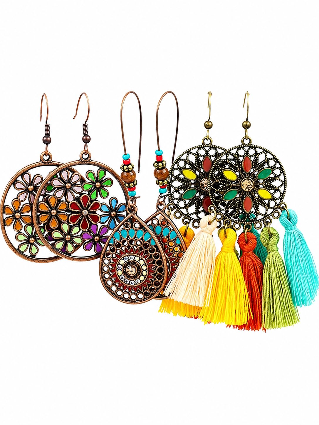 El Regalo 3 Pairs Earrings Combo of Vintage Bohemian Dangle Earrings for Women, 3-Pair Multi-Pack, Handmade Retro Tribal Drop Jewelry, Ethnic Bronze & Silver Tone Statement Earrings (Style-7)