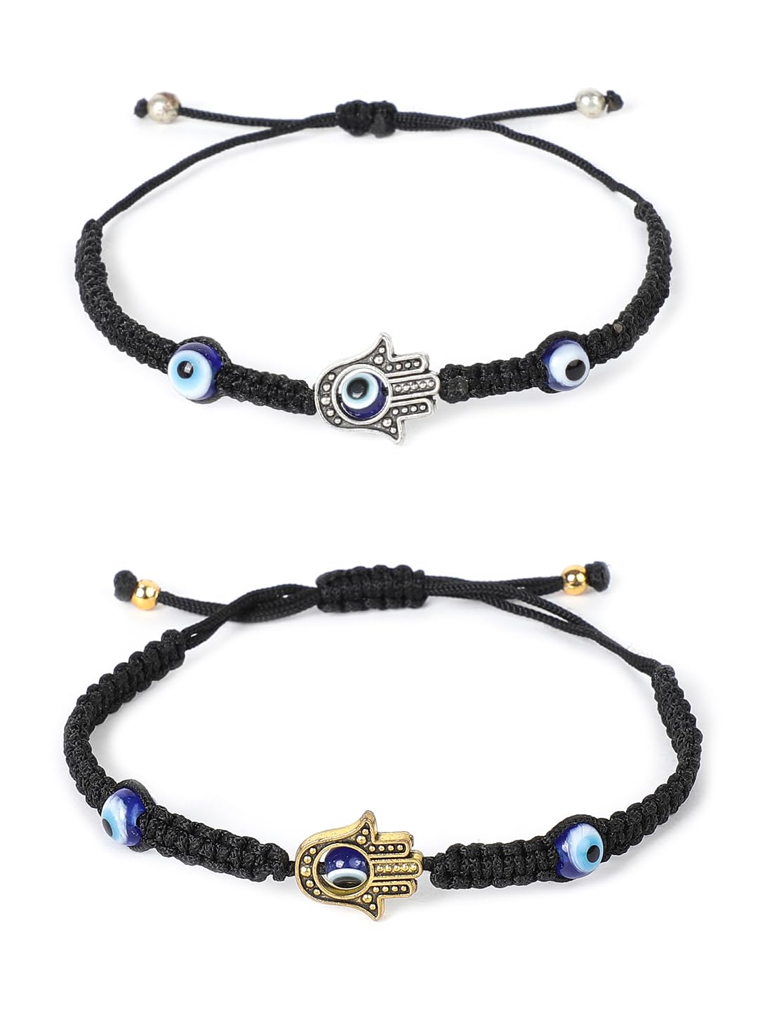 El Regalo 2PCs Evil Eye Hamsa Hand Unisex Bracelets Set - Golden & Silver Charms with Evil Eye Beads