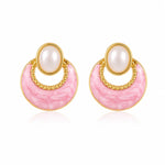 El Regalo Elegant Stainless Steel Pearl Stud Earrings for Women | 18K Gold Plated Vintage Oil Drip Enamel C-Hoop Studs | Anti-Tarnish Boho Western Jewellery (Pink)