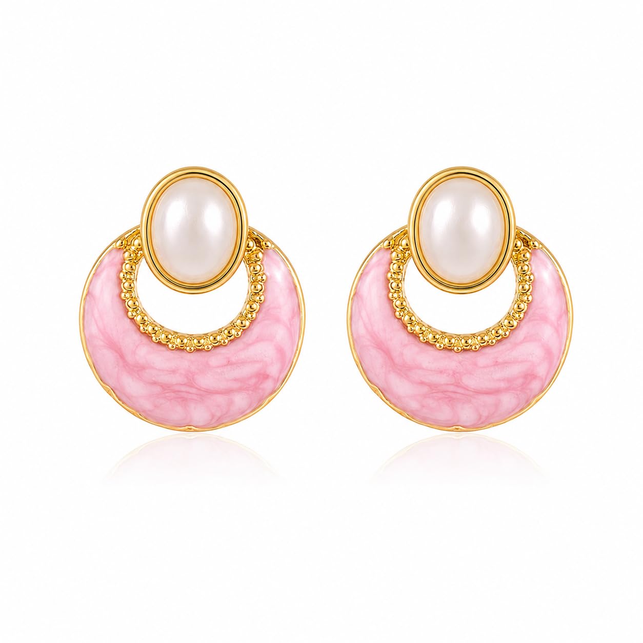 El Regalo Elegant Stainless Steel Pearl Stud Earrings for Women | 18K Gold Plated Vintage Oil Drip Enamel C-Hoop Studs | Anti-Tarnish Boho Western Jewellery (Pink)