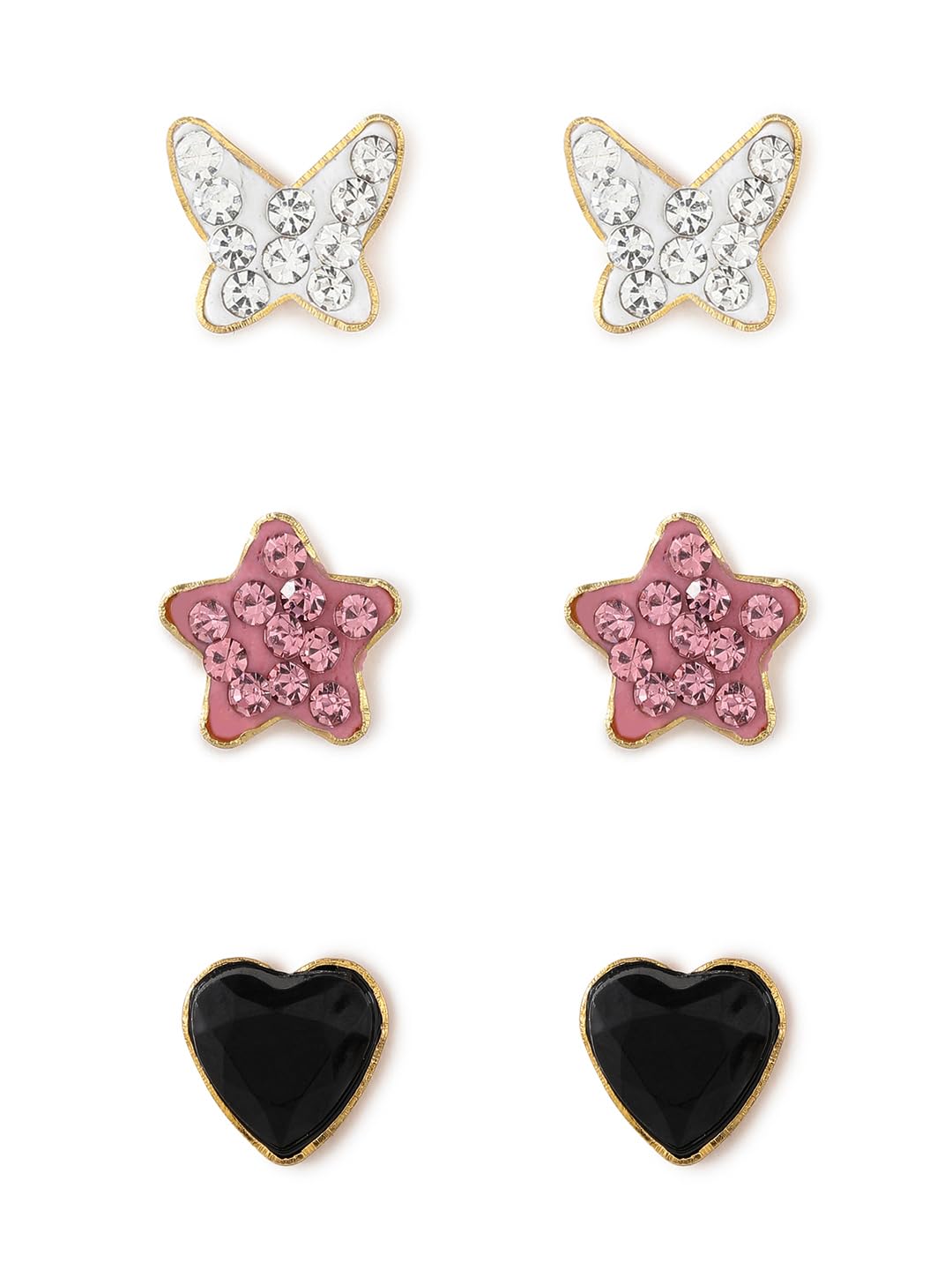 El Regalo 3 Pairs Cute Stainless Steel CZ Stud Earrings Combo for Kids/Girls/Teens/Women - Stars, Heart, Flower, Butterfly, Disco Ball, Stones - Hypoallergenic Flatback Earrings (Style-14)