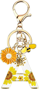 El Regalo Personalized Name Initials Natural Flowers & Bee Charm Keychain - Custom Letter Keyring with Daisy Flower & Honey Bee Pendant, Purse, Bag, Backpack Accessory (Letter A)