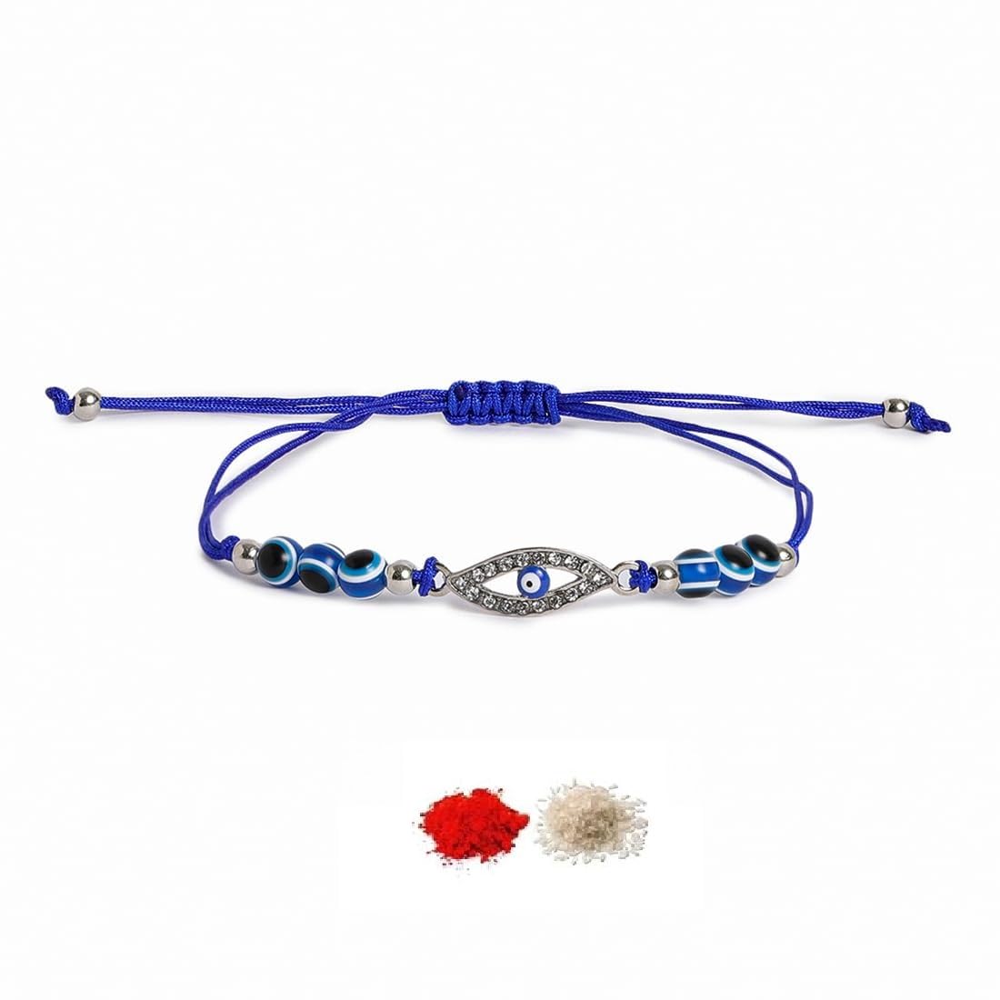 El Regalo 1PC Evil Eye Rakhi for Bhai/Bhabhi/Bhai/Bhatija/Bhatiji- Fancy Evil Eye Rakhi with Roli Chanwal, Rakhi Card in Rakhi Gift Box (Option-6)