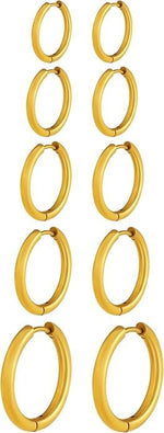 El Regalo 5 Pairs Gold Stainless Steel Unisex Huggie Hoop Earrings- 14k Gold Plated Cartilage Helix Daith Tragus Ear Hugging Hoop Earrings for Kids/Girls/Boys/Men/Women