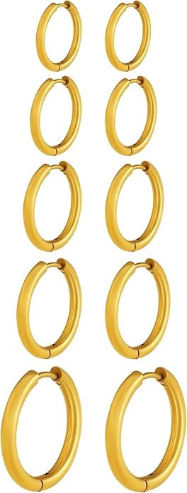 El Regalo 5 Pairs Gold Stainless Steel Unisex Huggie Hoop Earrings- 14k Gold Plated Cartilage Helix Daith Tragus Ear Hugging Hoop Earrings for Kids/Girls/Boys/Men/Women