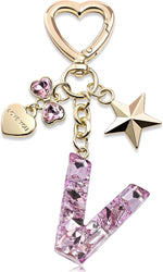 El Regalo Personalized Glitter Initial Letter Keychain for Girls & Women - Cute Pink Resin Alphabet Keyring with Heart & Star Charms - Fancy Luxury Bag Accessory & Birthday Gift (Letter V)