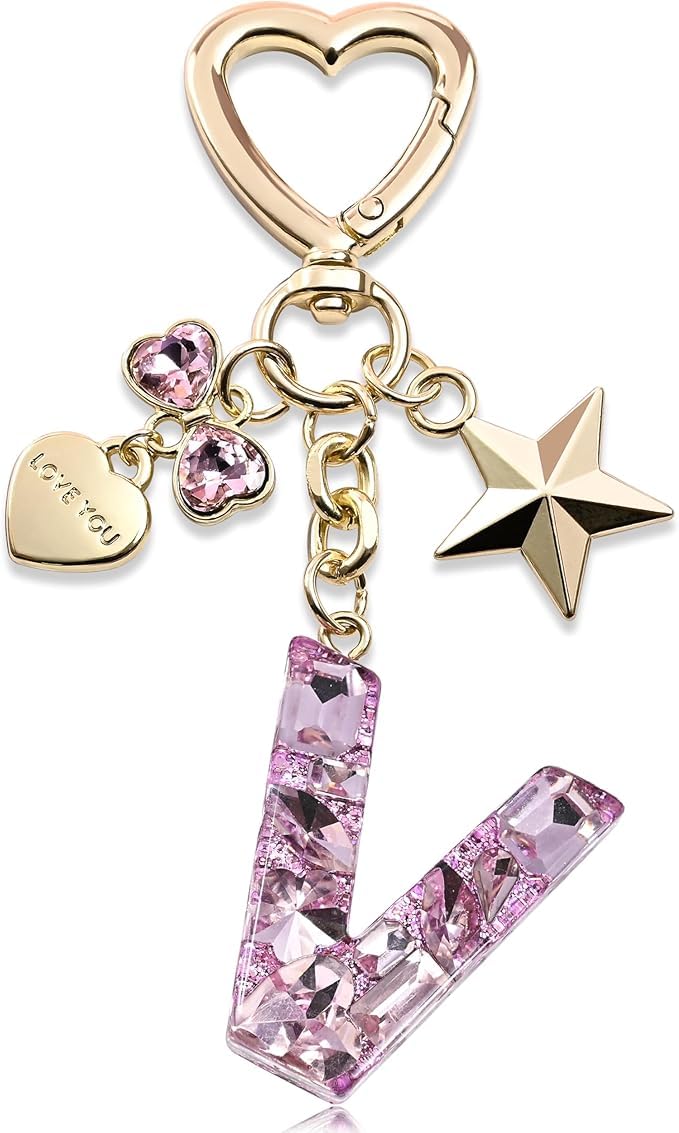 El Regalo Personalized Glitter Initial Letter Keychain for Girls & Women - Cute Pink Resin Alphabet Keyring with Heart & Star Charms - Fancy Luxury Bag Accessory & Birthday Gift (Letter V)