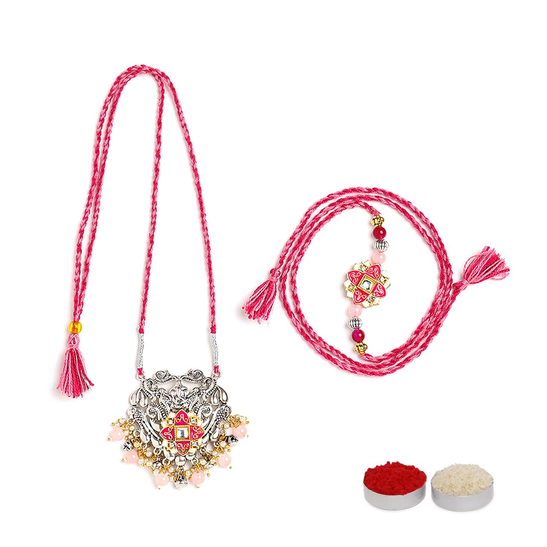 El Regalo Designer Bhaiya- Bhabhi Rakhi Luma/Lumba Set- Kundan, Pearls Rakhi with Roli Chawal in Gift Box- Luma Convertible into Necklace (Option-1)