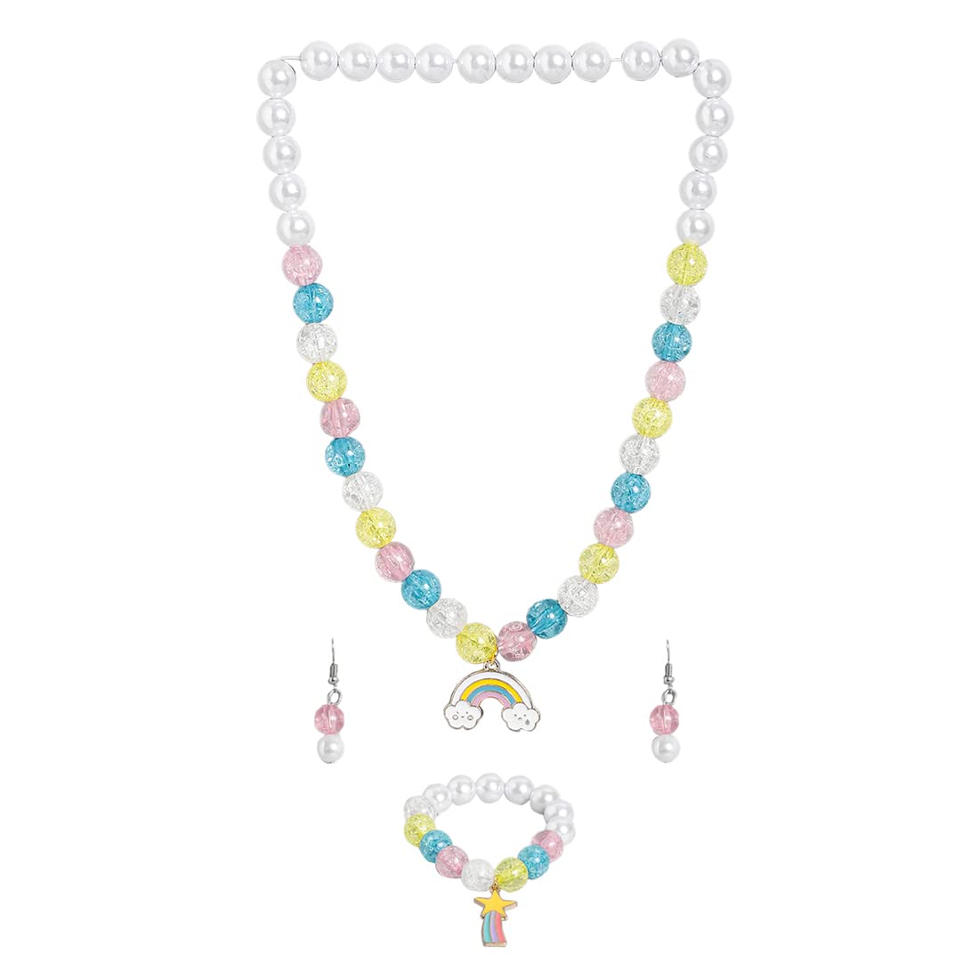 El Regalo 3 PCs Kids Girls Necklace, Bracelet & Earrings Jewelry Set- Girls Beaded Charms Princess Jewelry Set (Rainbow Star Charms Jewelry Set)
