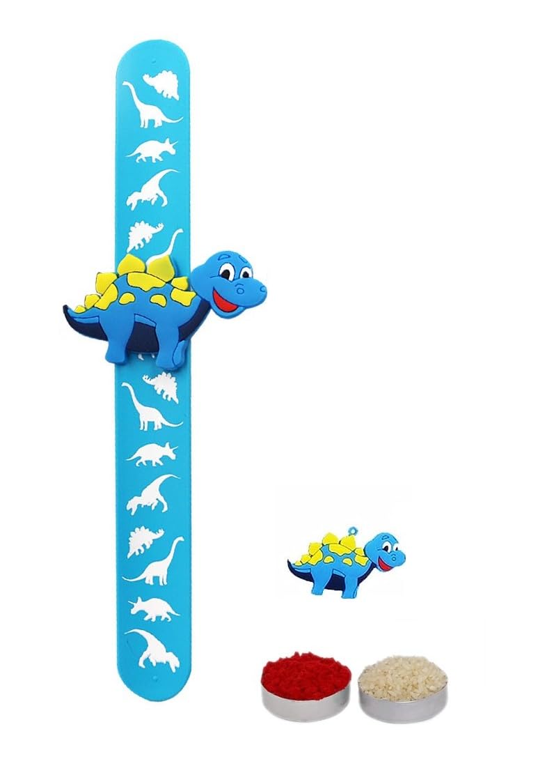 El Regalo 1PC Cute Kids Slap Band Rakhi for Little Brother or Sister- Colorful Dinosaur Fun Kids Rakhi with Roli Chawal in Rakhi Gift Box for Brother/Niece or Nephew (Blue Dinosaur Slap Band Rakhi)