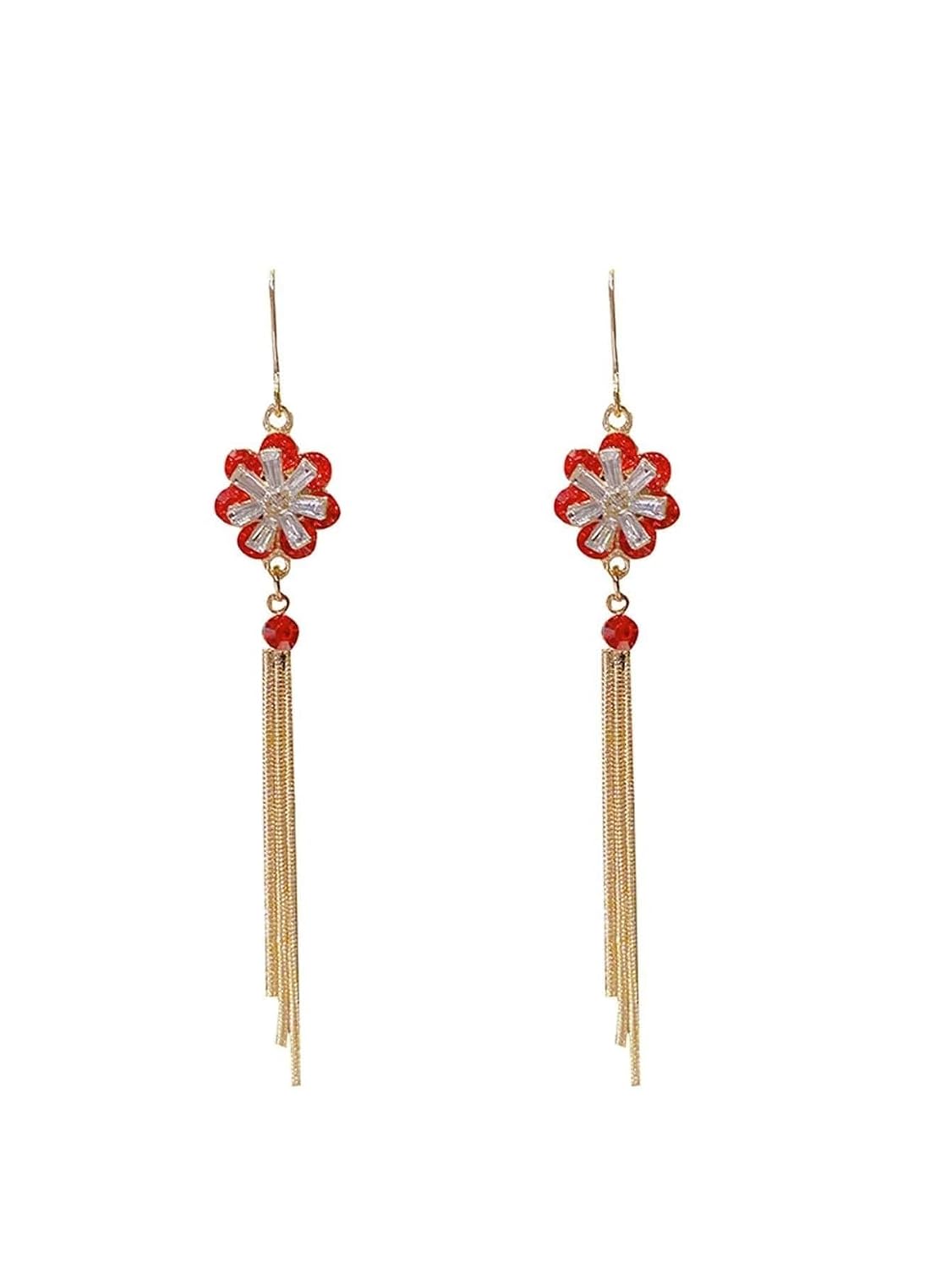 El Regalo 925 Silver Plated Flower Threader Earrings- Needle Threader Long Tassel Earrings for Girls & Women (Red Flower)
