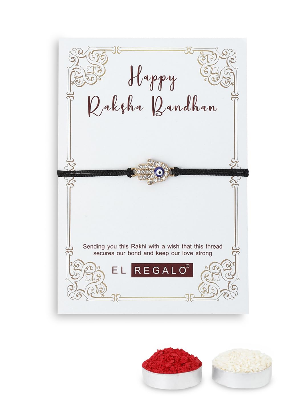 El Regalo Cute Evil Eye Rakhi for Brother - Kids/Teens/Adults- Beautiful Butterfly/Hamsa Hand Bracelet Rakhi with Roli Chawal in Rakhi Gift Box (Red Evil Eye Hamsa Hand)