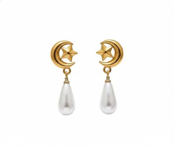 El Regalo Elegant 18K Gold Plated Stainless Steel Drop Earrings for Women & Girls | Tarnish-Free, Waterproof, Hypoallergenic Statement Fancy Western Earring Collection | Variations: Bow, Moon & Star, Starfish, Knot | For Office, Party & Gifting (Pearl Moo