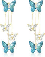 El Regalo Cute 3D Crystal Butterfly Tassel Earrings for Women & Girls | 18K Gold Plated Long Hanging Drop Linear Earrings | Elegant Korean Aesthetic Western Party Jewelry (Blue)