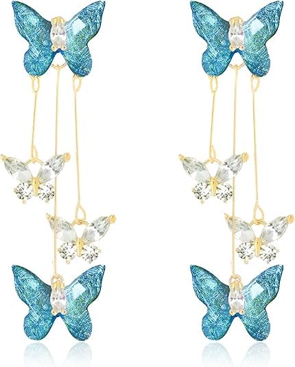 El Regalo Cute 3D Crystal Butterfly Tassel Earrings for Women & Girls | 18K Gold Plated Long Hanging Drop Linear Earrings | Elegant Korean Aesthetic Western Party Jewelry (Blue)