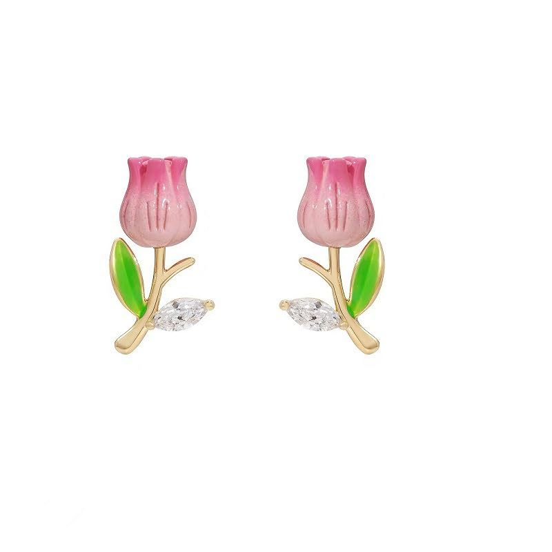 El Regalo Cute & Tiny Pink 3D Tulip Flower CZ Crystal Stud Earrings for Girls & Women