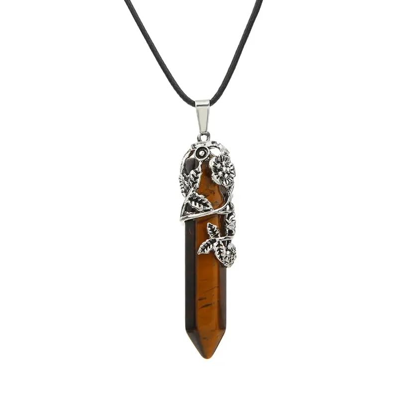 El Regalo 1PC Flower Wrapped Hexagonal Healing Natural Stones Point Pendant Unisex Necklace- Natural Stones Reiki Healing Crystals Necklace in Antique Silver Finish (Brown- Tiger Eye-Cord)