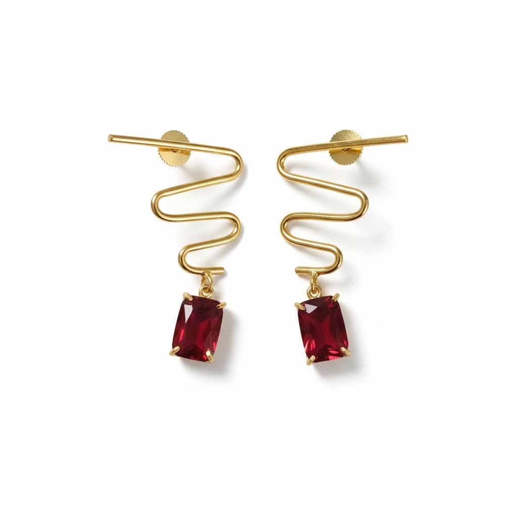 El Regalo Modern Zigzag Brass Statement Drop Earrings for Women & Girls - Contemporary Geometric Handmade Jewelry with Rectangle Stones Drops - Studs for For Western & Ethnic Wear (Ruby Red)