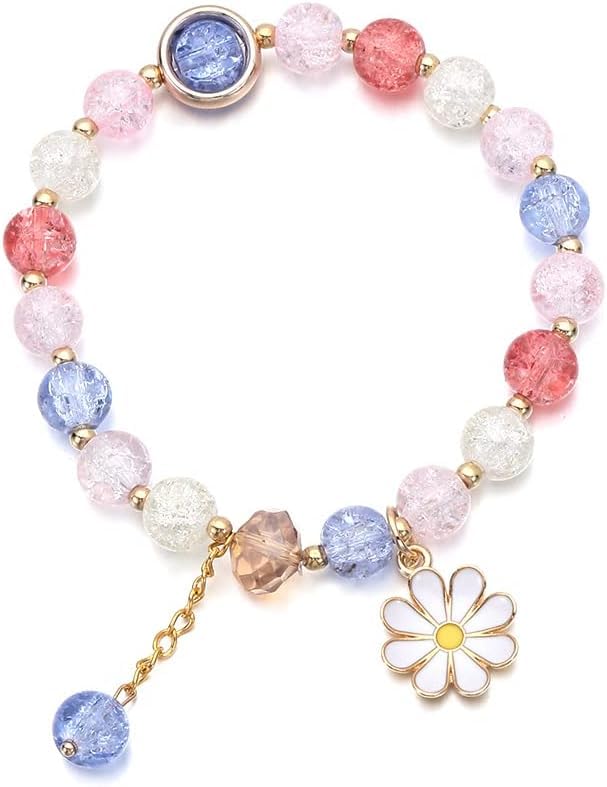El Regalo 1 PC Dailsy Flower Sparkly Crystal Beads Tassel Bracelet for Girls/Teens/Women- Cute Crackle Beads Daisy Flower Stretch Bracelet (Multi Colored)