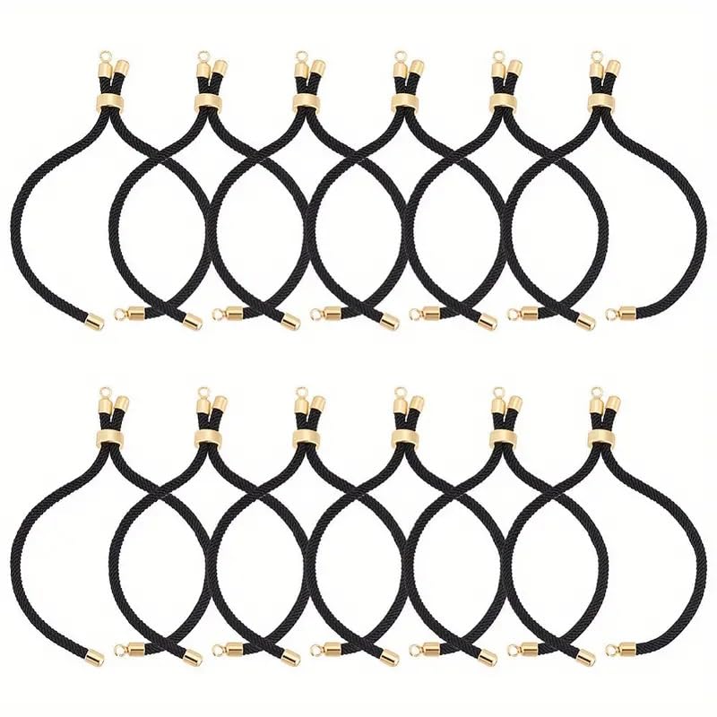El Regalo 12-Pack Adjustable Nylon Twisted Cord Bracelets with Brass Findings for Jewelry Making - Slider Bracelet Bases, Round Black, Elastic Drawstring Design for DIY Crafts (Black)