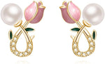 El Regalo Cute Tiny Pink Tulip Flower Bud Stud Earrings for Girls & Women (Tulip Bud with Pearl)