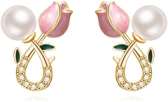 El Regalo Cute Tiny Pink Tulip Flower Bud Stud Earrings for Girls & Women (Tulip Bud with Pearl)