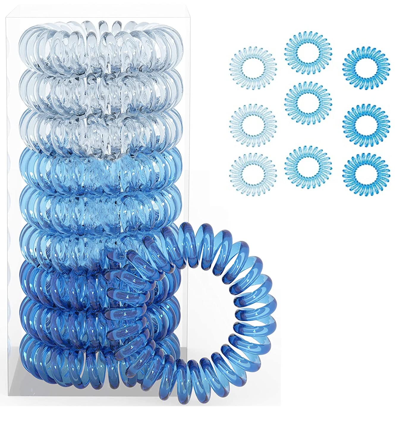 El Regalo 9 Pcs Spiral Hair Ties, No Crease Coil Ties, Phone Cord Ties for Thick Hair - Ponytail Holder Elastics for Kids/Girls/Women (Ocean Blue Shades)