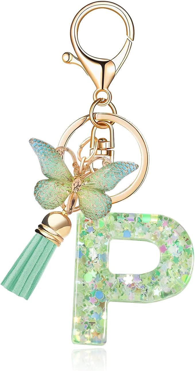 El Regalo Personalized Name Initials Butterfly Charm Keychain - Name Letters Keyring with Green Butterfly & Stars Filled Resin & Tassel Pendant, Purse, Bag, Backpack Accessory (Letter P)