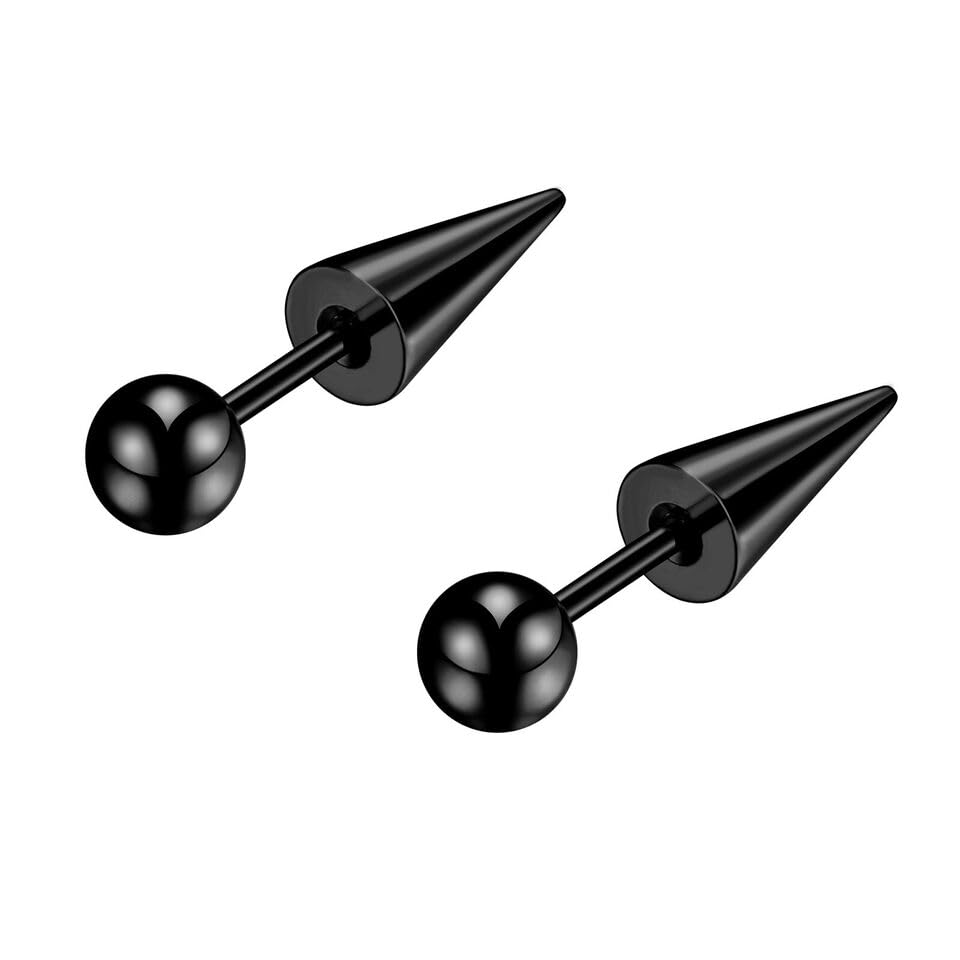 El Regalo 1 Pair Surgical Stainless Steel Spike Unisex Stud Earrings- Septum Lip Rings Cartilage Tragus Helix Piercing for Women Men (Black)