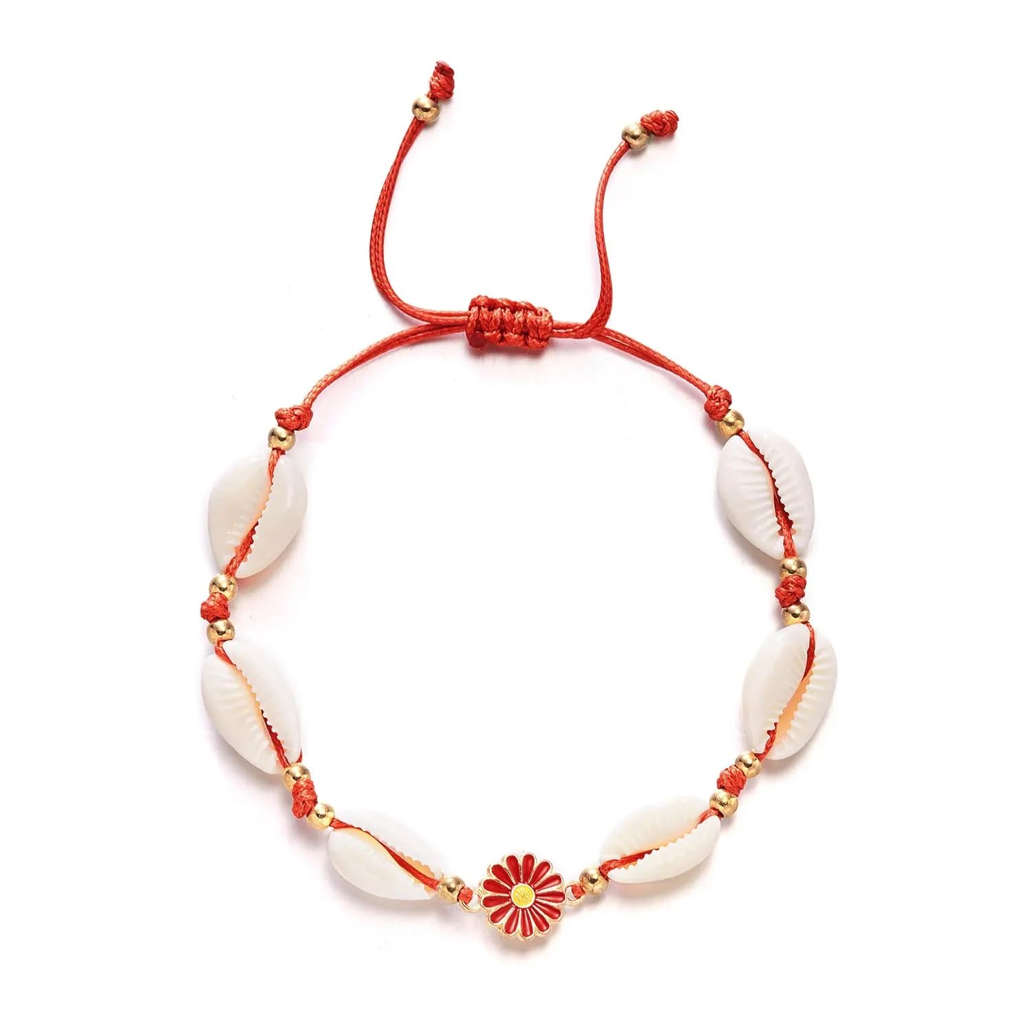 El Regalo Womens 1PC Bohemian Sunflower Cawrie Shell Anklet- Trendy 1 Leg Thread Adjustable Anklet with Pretty Flower Charms (Red)