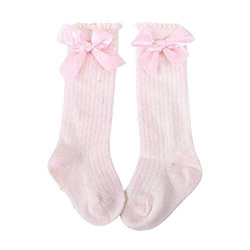 El Regalo Baby Girls Knee High Socks With Bows | Princess Long Booties Vertical Striped Cotton Leg Warmer (2-4 Years) (Pink)