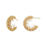 El Regalo Luxury Pearl & Zircon C Half Hoop Earrings for Women - 14K Gold Plated Pave Crystal Studs | Elegant Party Jewellery | Ideal Gift for Anniversary, Wedding & Birthdays (Gold)