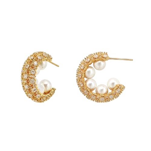 El Regalo Luxury Pearl & Zircon C Half Hoop Earrings for Women - 14K Gold Plated Pave Crystal Studs | Elegant Party Jewellery | Ideal Gift for Anniversary, Wedding & Birthdays (Gold)