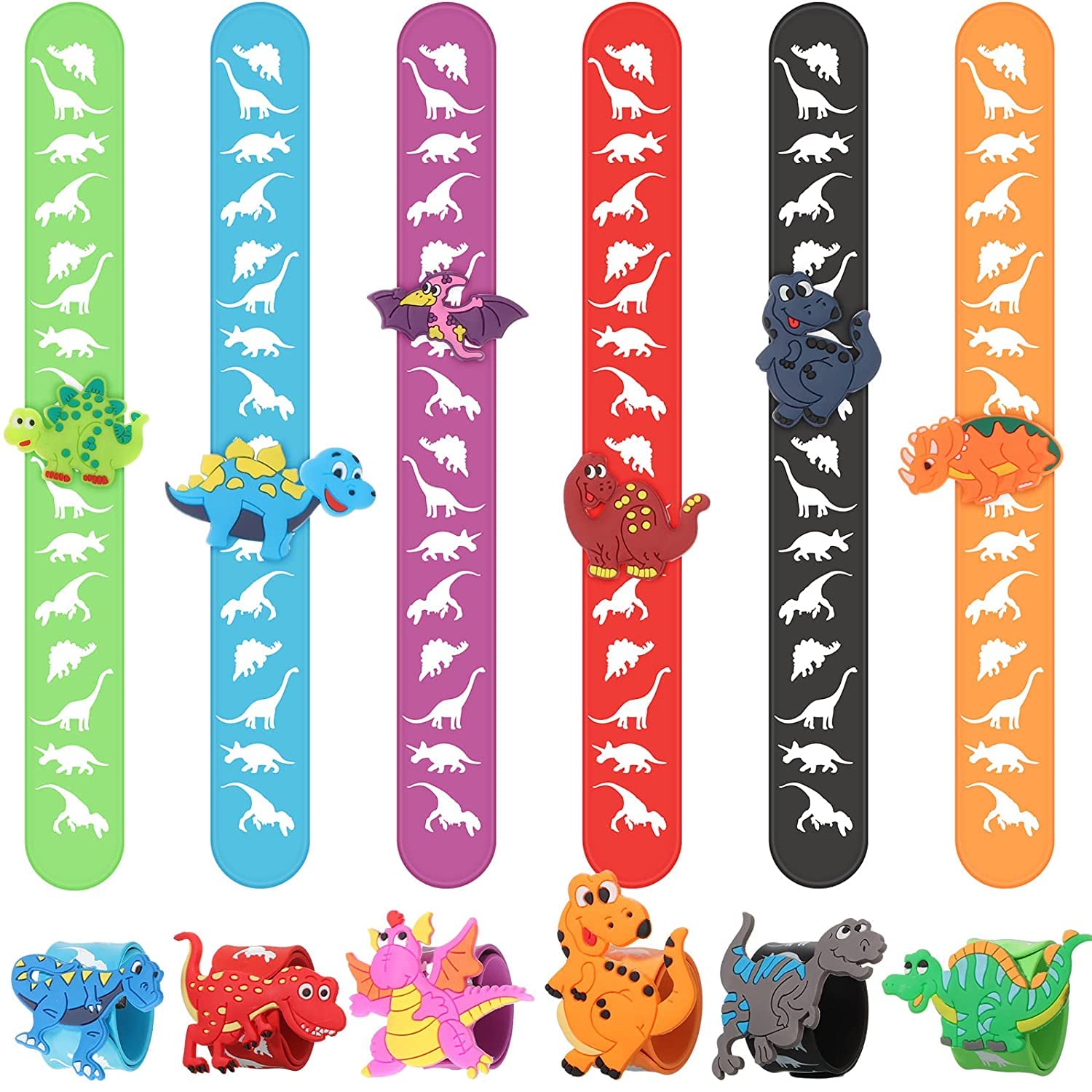 El Regalo 6PCs Dinosaurs Snap Wrist Slap Bands for Kids | Silicone Dinosaurs Wristband Kids Party Favors Slap Bands for Kids- Birthday Party Return Gifts
