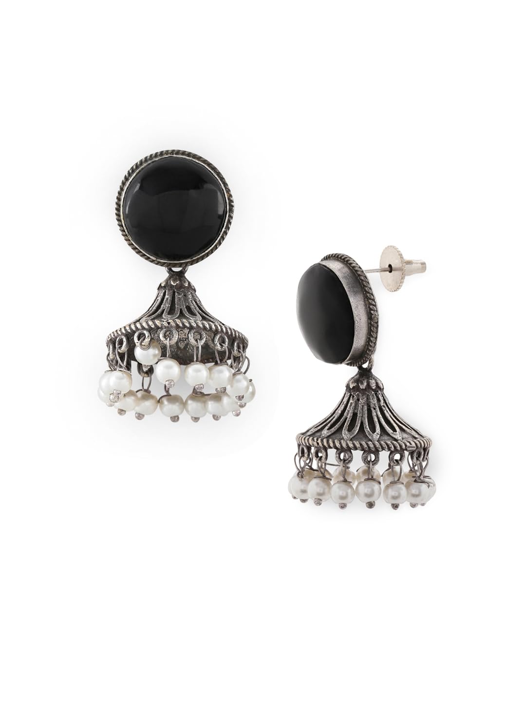 El Regalo Ethnic Oxidized Stone Stud Jhumka Earrings for Girls/Women- Exquisite Silver Lookalike Jhumki