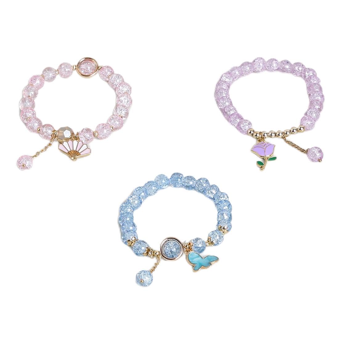 El Regalo 3PCs Opal Stone, Crystal Beads Tassel Bracelet With Cute Enamel Charms Star, Shell, Rainbow, Flowers, Swan, Pearls etc. for Kids/Girls/Teens/Women (Option-5)