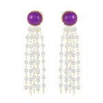 El Regalo Elegant Purple Stone Stud Pearl Tassel Earrings for Women & Girls, Multi-Strand Pearl Drop Dangle Earrings, 6cm Long Gold Plated Statement Earrings