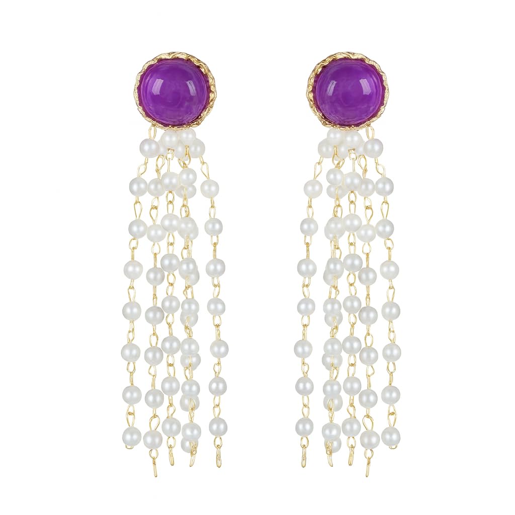El Regalo Elegant Purple Stone Stud Pearl Tassel Earrings for Women & Girls, Multi-Strand Pearl Drop Dangle Earrings, 6cm Long Gold Plated Statement Earrings