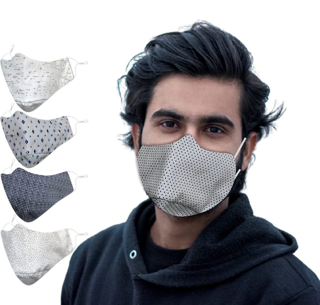 El Regalo 4 PCs of Premium Cotton Face Masks | Executive Prints Unisex 3 Layers Cotton Reusable & Washable Face Masks With Adjustable EarLoop for Adults