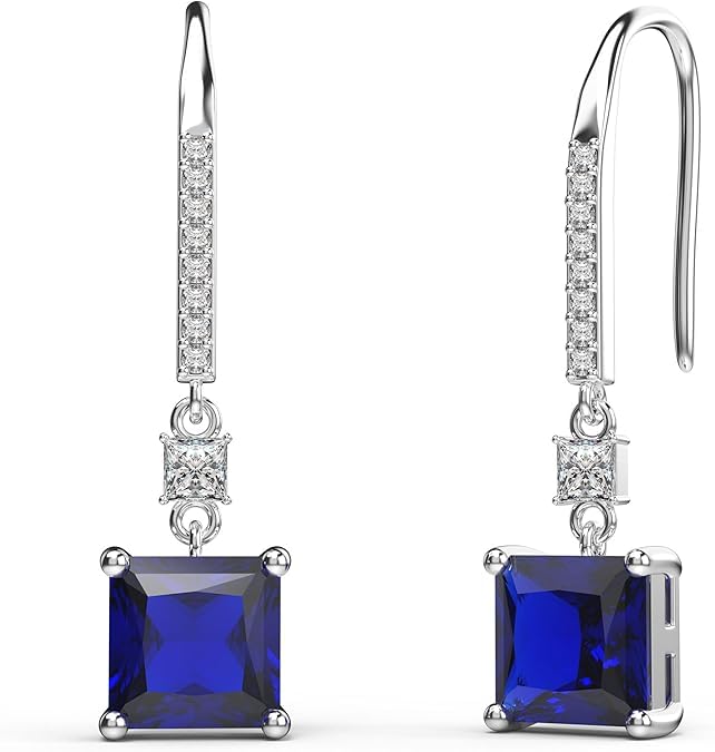 El Regalo Square Princess Cut Cubic Zirconia Dangle Earrings for Women & Girls | Elegant Drop Earrings in Black & Royal Blue Sapphire | 925 Silver Plated CZ Statement Earrings (Royal Blue Sapphire)