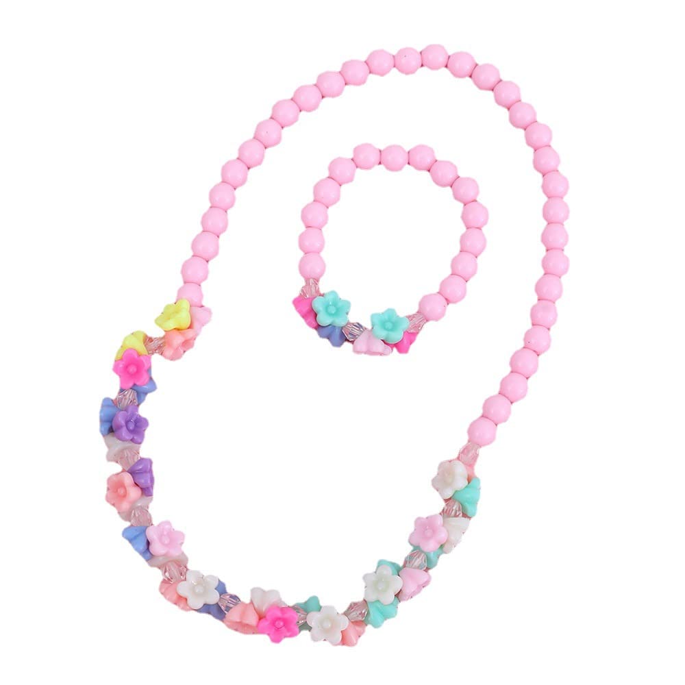 El Regalo 2 PCs Kids Girls Colorful Jewelry Sets - Kids Candy Color Beads Necklace & Bracelets Jewelry Sets for kids Girls & Toddlers (Multi Flower Pink Set)