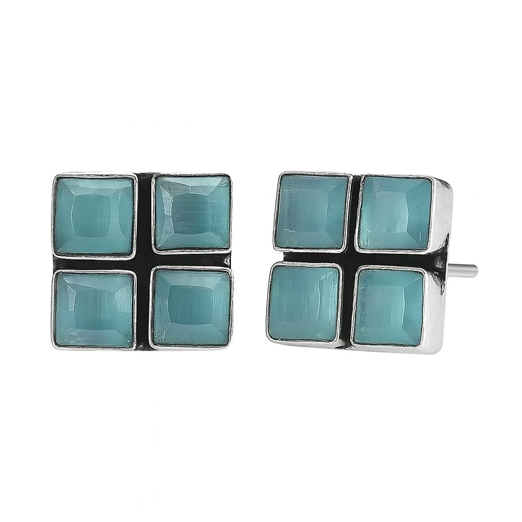 El Regalo 925 Silver Plated Oxidized Stud Earrings with Monalisha Stones - Square Bohemian Stud Earrings for Women - Tribal Antique Replica Earrings (Bottle Green)